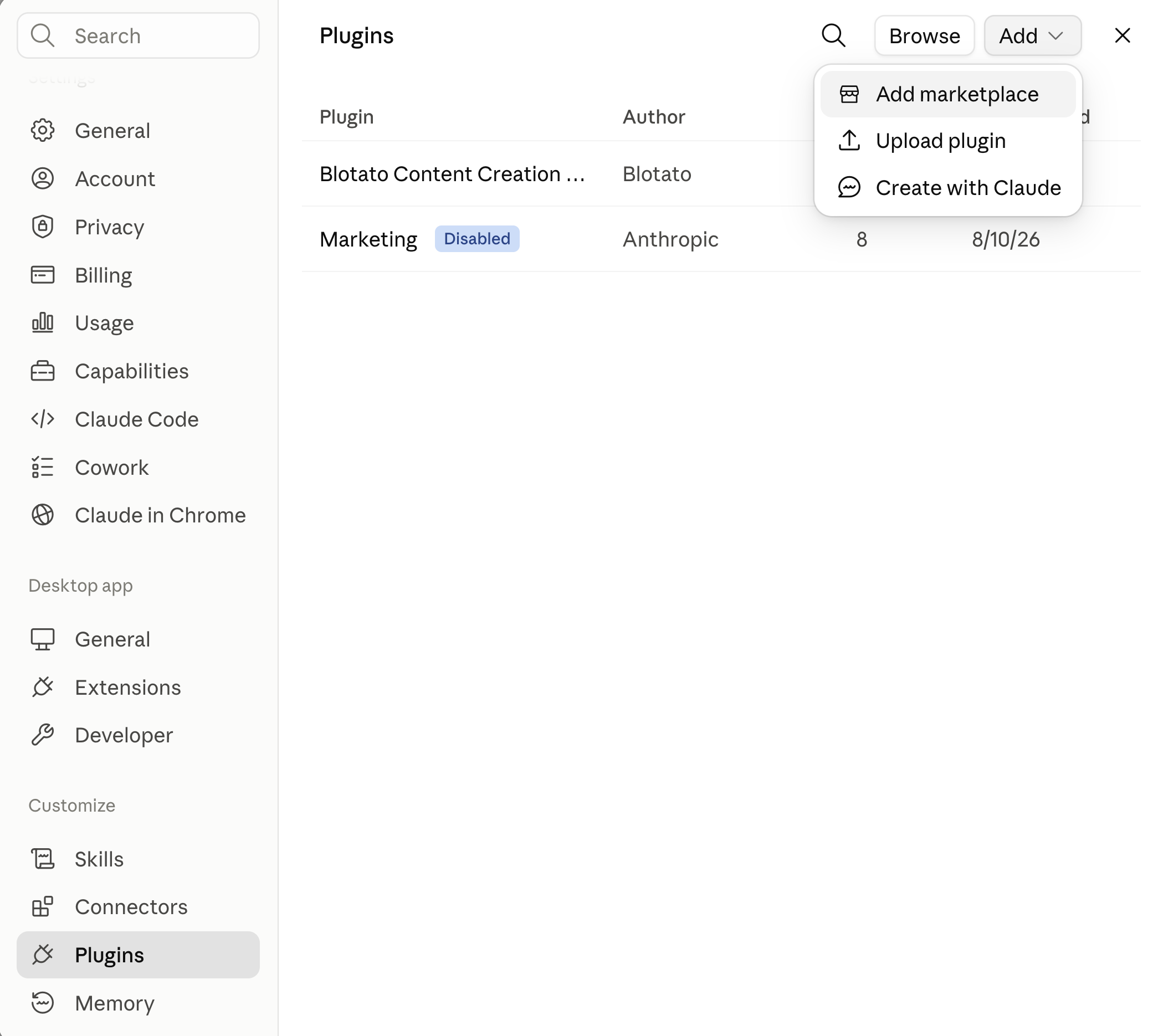 Claude settings Plugins screen with the Add menu open