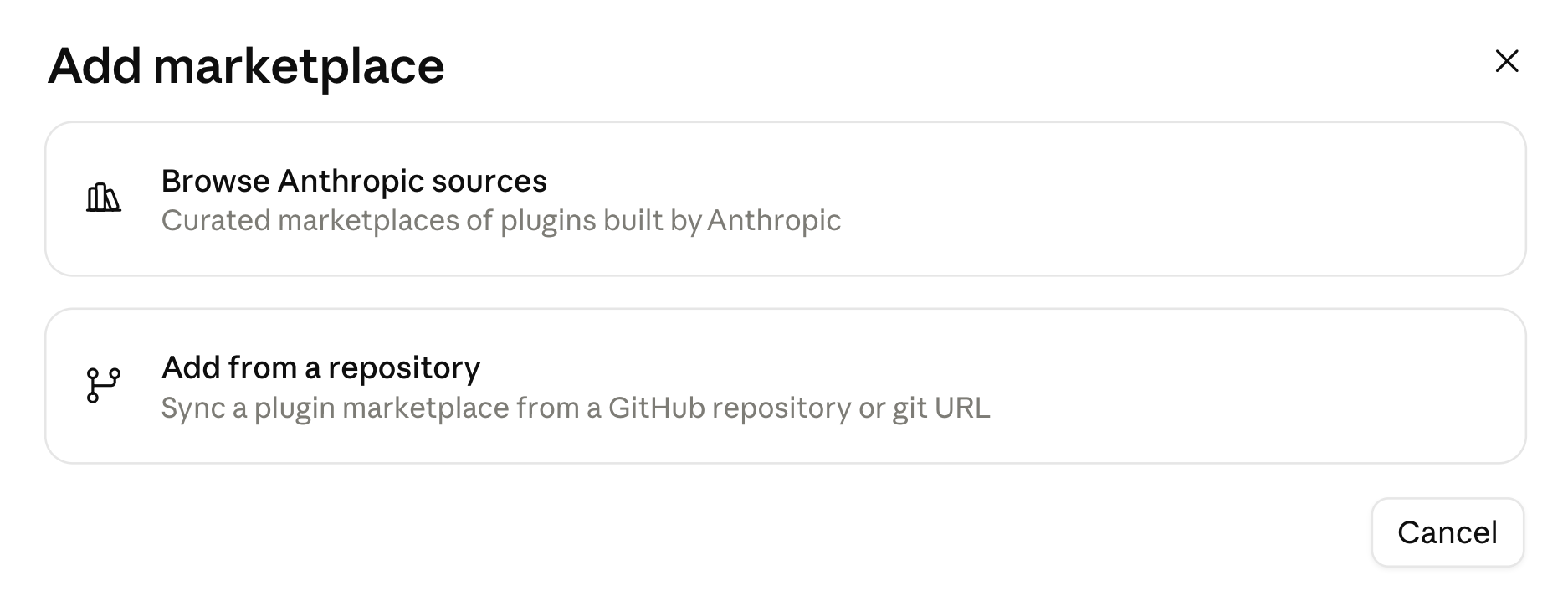 Add marketplace modal with Add from a repository option