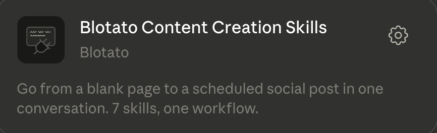 Blotato Content Creation Skills card showing the gear settings icon after install