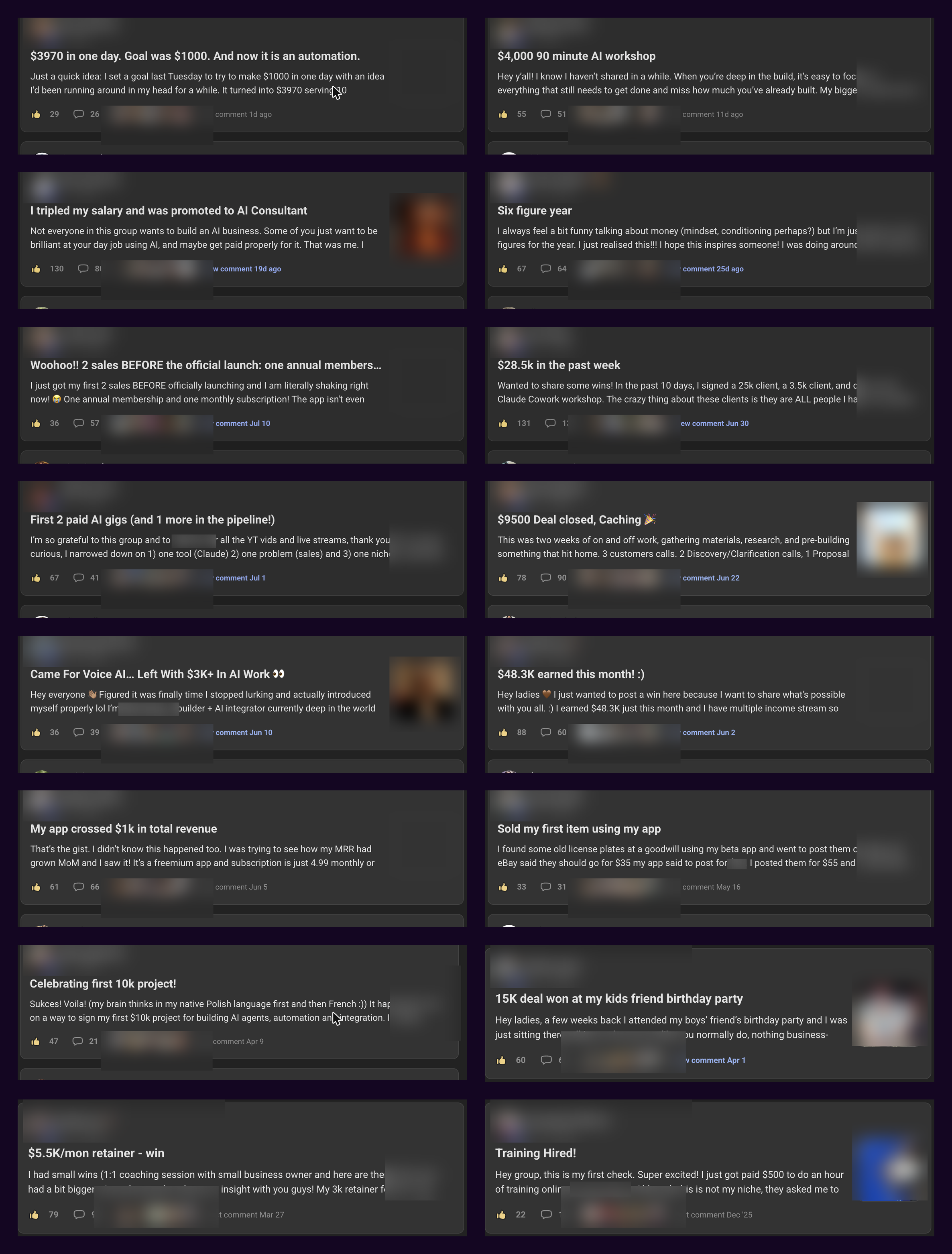 A collage of anonymized money wins shared by members of the free Women Build AI community